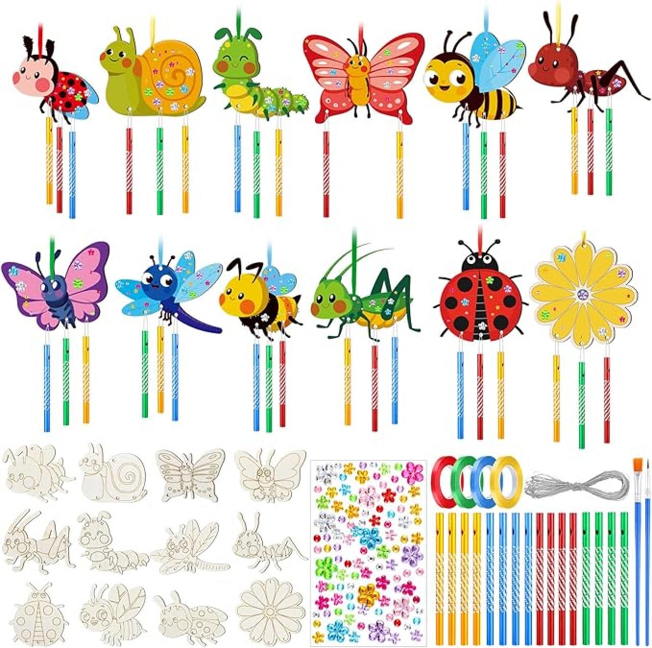 24-Pack DIY Spring Wind Chime Craft Kit – Make Your Own Wooden Hanging Ornaments with Flowers, Bees, and Butterflies, Perfect for Spring, Mother’s Day, Home, Garden, and Birthday Party Crafts